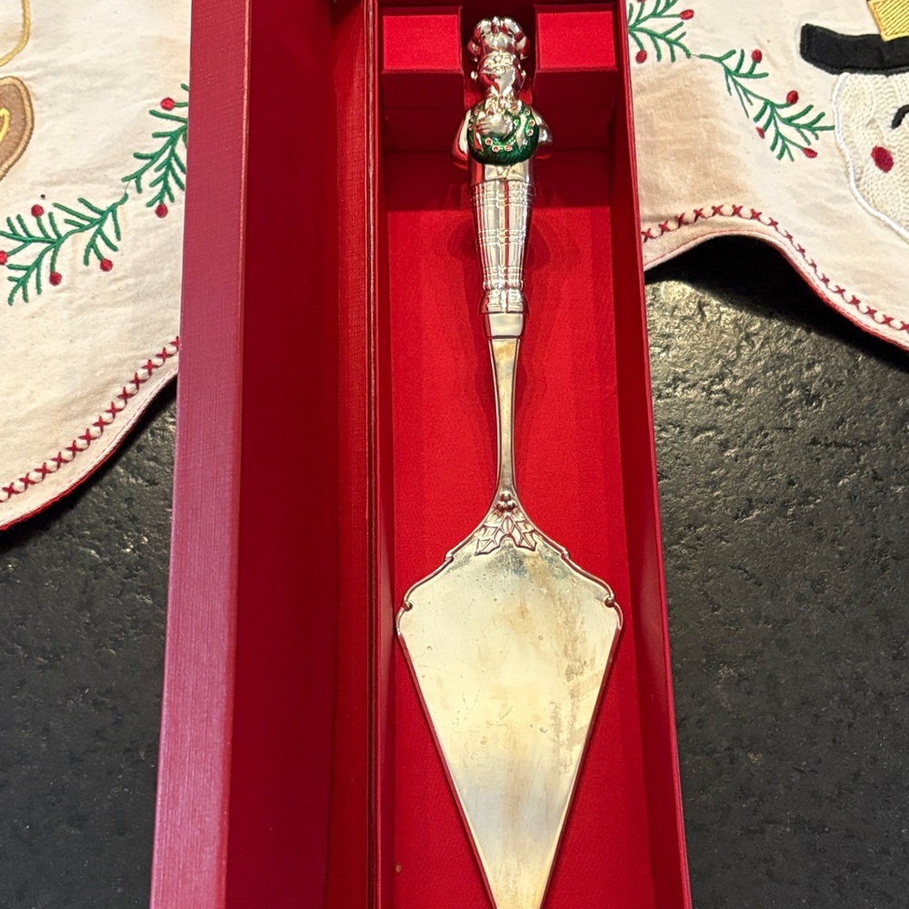 Neiman Marcus Festive Silver Cake Server with Red and Green Accents